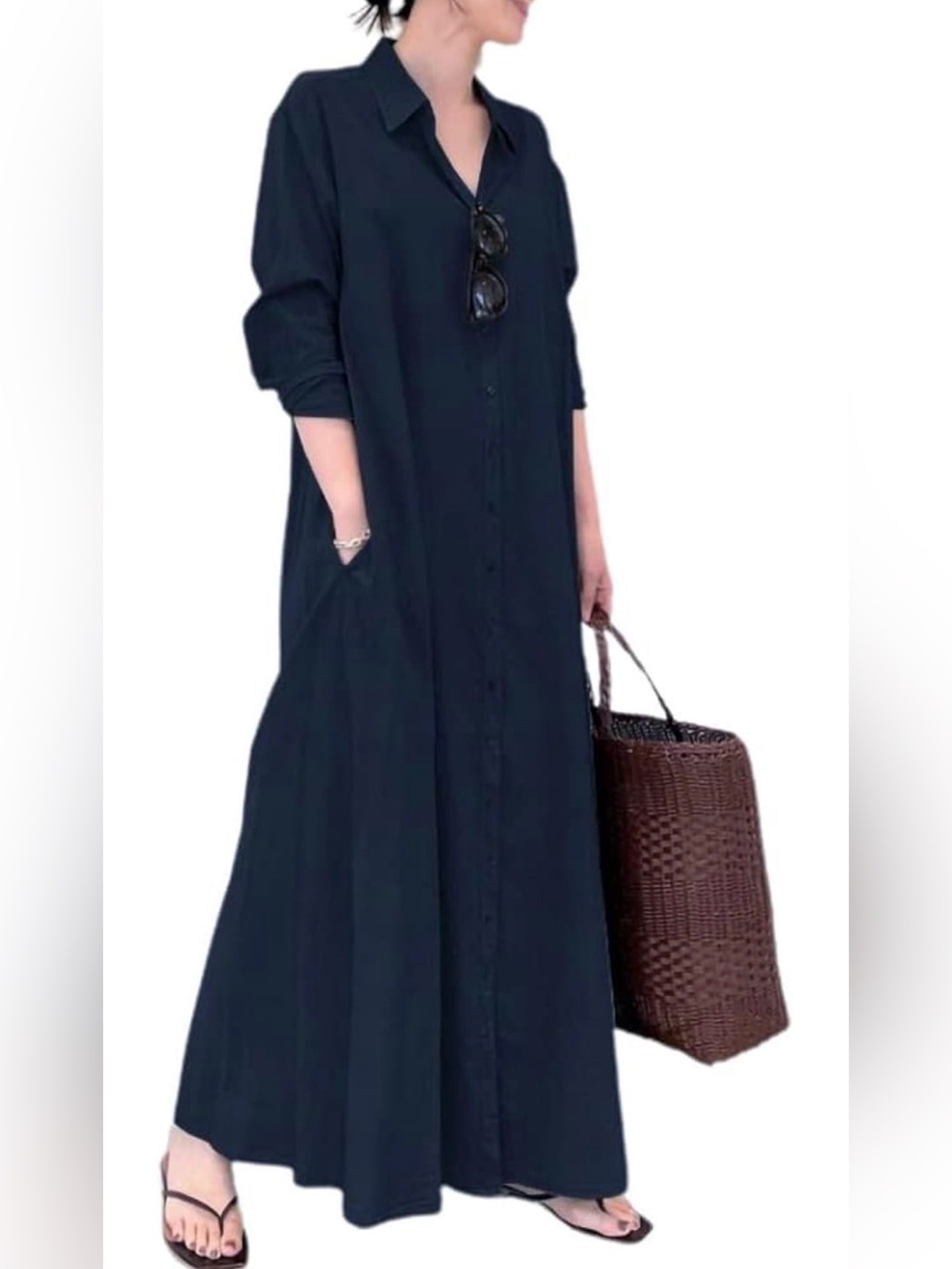 Navy Blue Button Shirt Dress Long